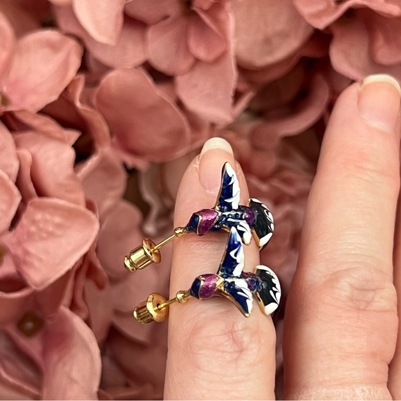 Whimsical Hand Painted Blue and Purple Birds of Paradise Hoop Earrings - Picture 13 of 16